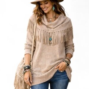 Boho Fringe Cowl Neck Wool Blend Sweater • Neutral Knit • Size M